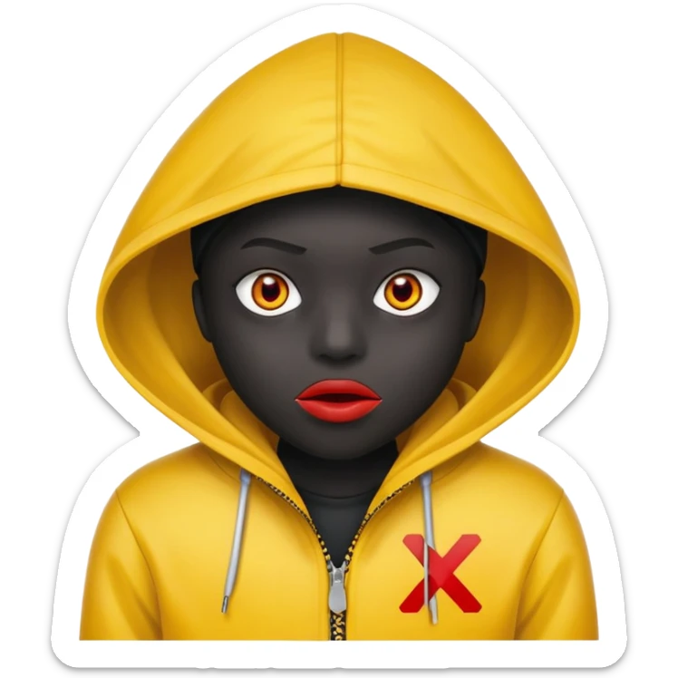 Has un personaje con chaqueta amarilla y que tenga la capucha puesta que tenga ojos de x de color rojo una línea de boca de color blanco y que su piel sea de color negro lápiz  sticker