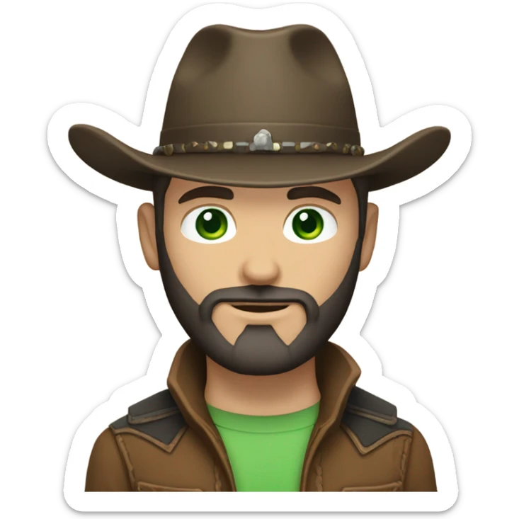 Caucasian male with green eyes, a dark beard dressed as a cowboy with short hair sticker