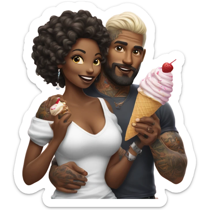 Hyper Realistic beautiful woman in the arms of a very handsome tattooed man sharing ice cream  sticker
