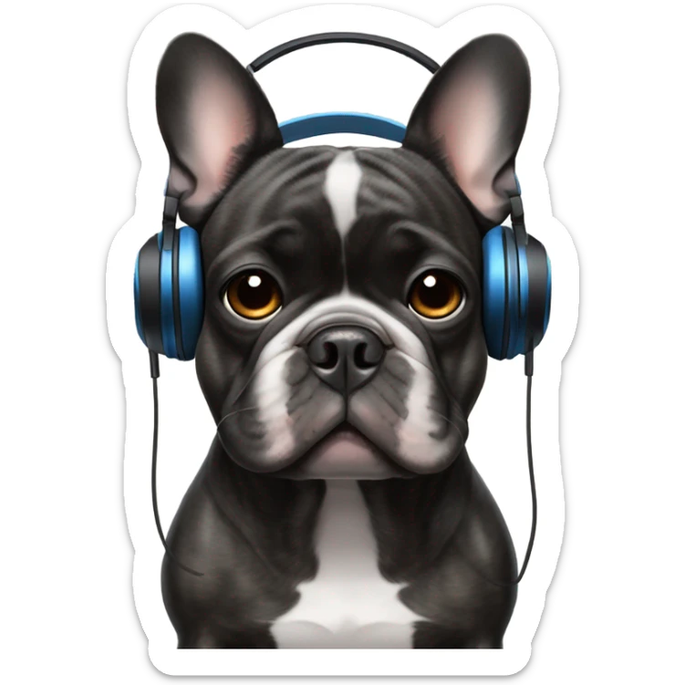 7 year old Tongue in Black Brindle French bulldog wearing headphones sticker