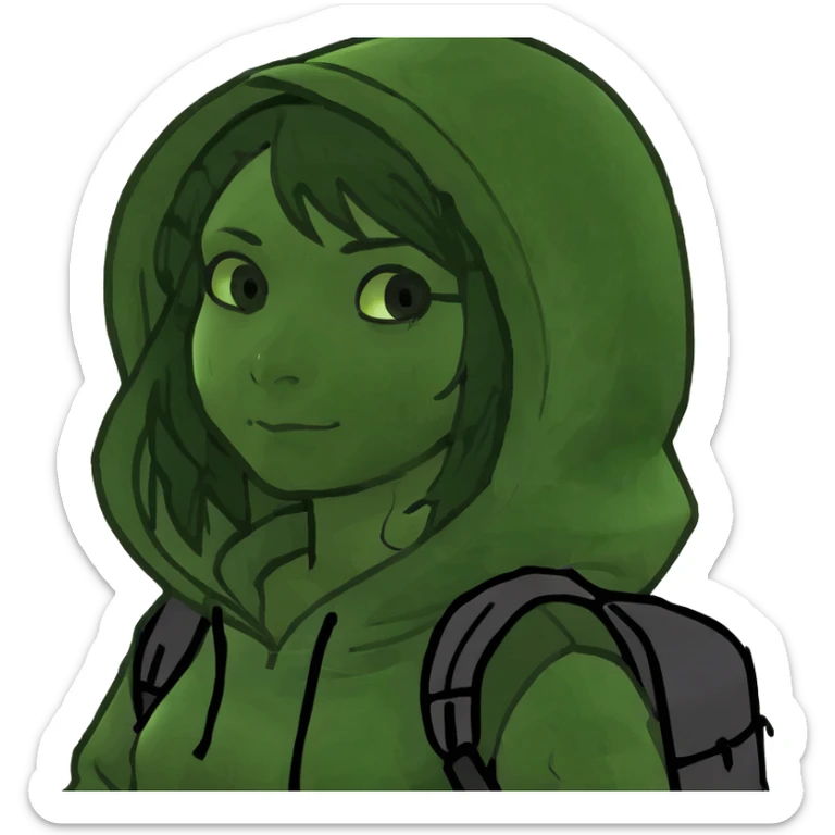 Girl with black hair wearing a hoodie sticker