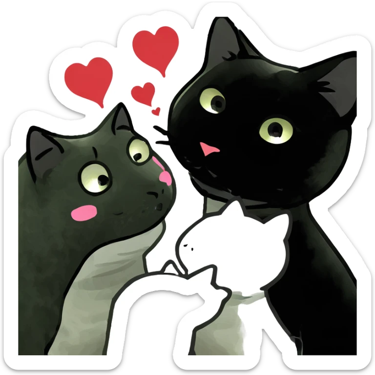 Big black cat is kissing a small white cat with hearts above sticker