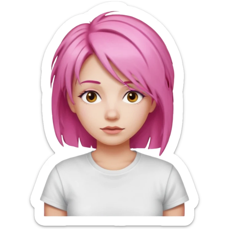 a woman with layered pink hair, wearing white t-shirt sticker