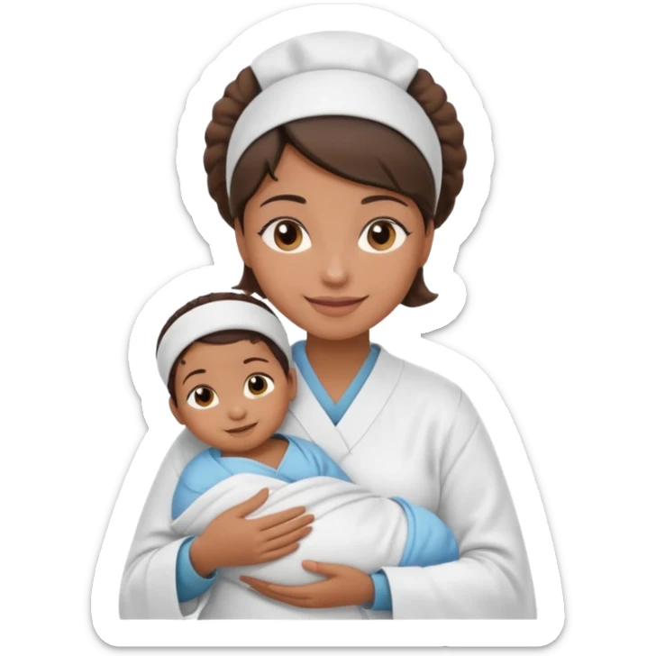 Female nurse smiling with a small hair roll on top of head with medium brown skin and brown eyes holding one new born  sticker