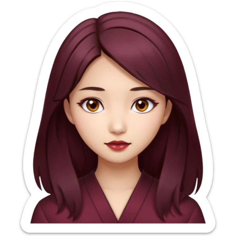 asian girl, long dark burgundy brown hair, hazel brown eyes, half lidded eyes, wolfcut hairstyle sticker
