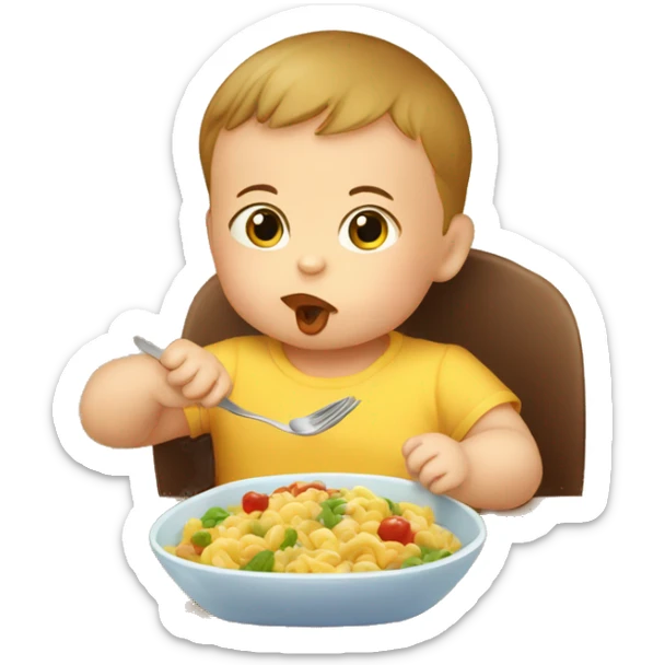 A baby eat his first food in the chair for kids by the table  sticker