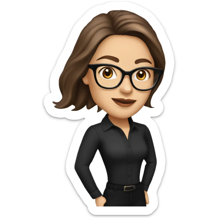 50 years old
long brown hair with straight styling
light skin
glasses with refined frame
Brown almond eyes with cat eye liner
black silk shirt with long sleeves sticker