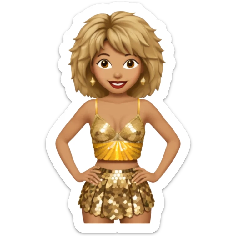 Tina Turner with gold sequin baggy bra, gold sequin skirt sticker
