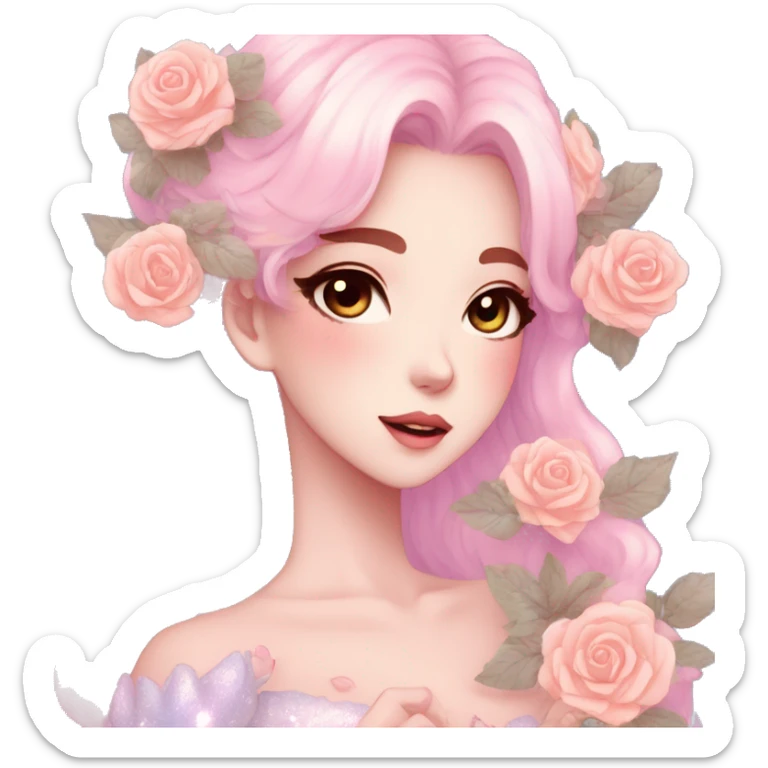 Gorgeous pastel anime style lady with blushing face and roses leaves glitter sparkle aesthetic trending style sticker