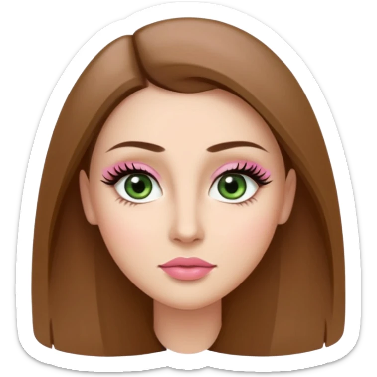Adult woman avatar, light skin tone, oval face, long straight brown hair, green almond-shaped eyes with dramatic eyelashes and minimal eyeliner, neutral mouth, medium straight eyebrows, small nose, natural pink lips, smooth skin with light natural blush sticker