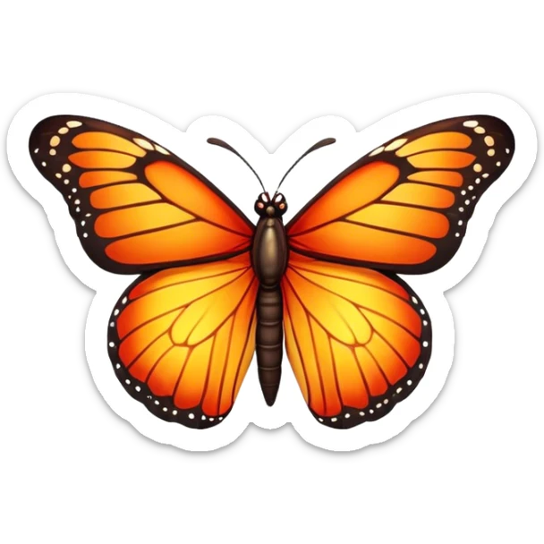 Cinematic Realistic Noble monarch Butterfly Portrait Emoji, Poised and elegant, with delicate, translucent wings rendered in rich ruby and scarlet hues, a slender, graceful body with intricately detailed textures, and soft, reflective eyes, illuminated by natural light, high shine, intelligent and regal, styled with an air of refined natural splendor, focused and attentive, soft glowing outline, capturing the essence of a watchful and confident monarch butterfly that appears to emerge majestically from the screen! sticker