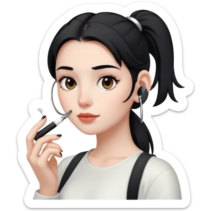 a girl with a black ponytail, white skin, brown eyes, airpods in the ears and with an electronic cigarette in the hand sticker