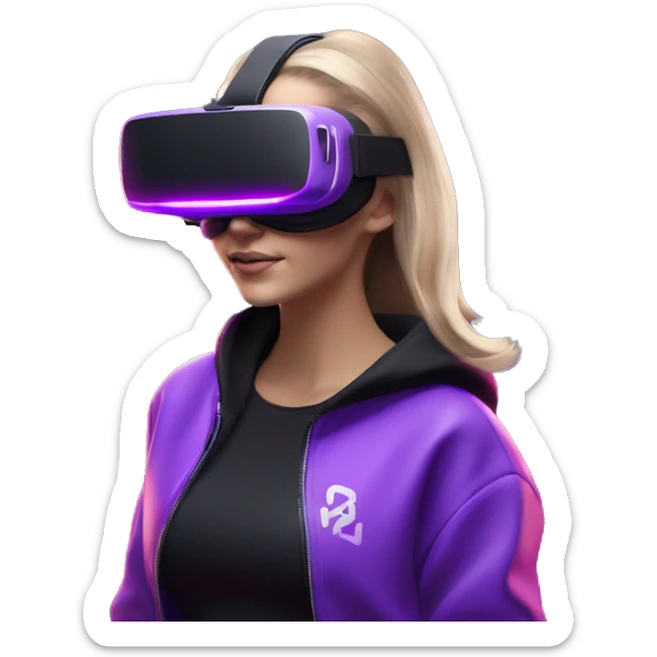 Russian girl wearing black hoody with violet letters "OMG", in vr headset oculus quest2. Dancing. Cyberpunk style. Violet neon. sticker
