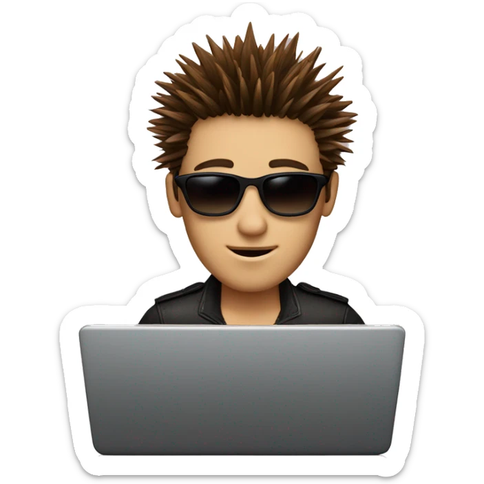Person with spiky brown hair and sunglasses behind a laptop sticker