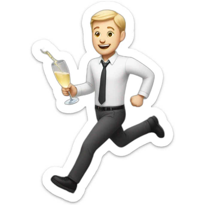 White man with very short hair runs with a carton of champagne sticker