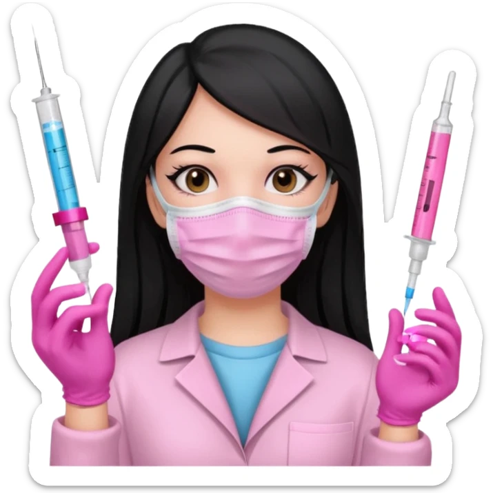 laboratorista con guantes rosa y mascarilla rosa  jeringa tubos  sin lentes pelo lacio negro y largo  sticker