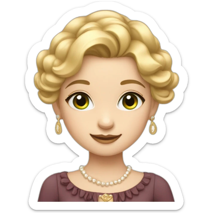 A cute girl with golden hair, soft features, green eyes, and fair skin. She smiles and wears a Coco Chanel dress. sticker