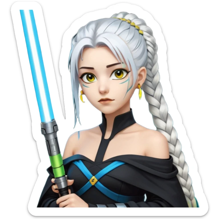  a closeup portrait of young woman with gold yellow eyes, white hair, long braid, black off-shoulder top, punk gothic style, futuristic cyberwave cyberpunk,  jedi attire and posture robes of a padawan, foreweilding a bright blue-green lightsaber sticker