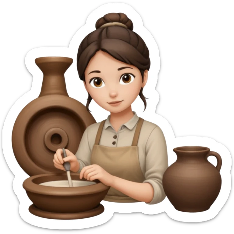 Brunette girl with a bun, behind the potter's wheel, wearing neutral clothing sticker