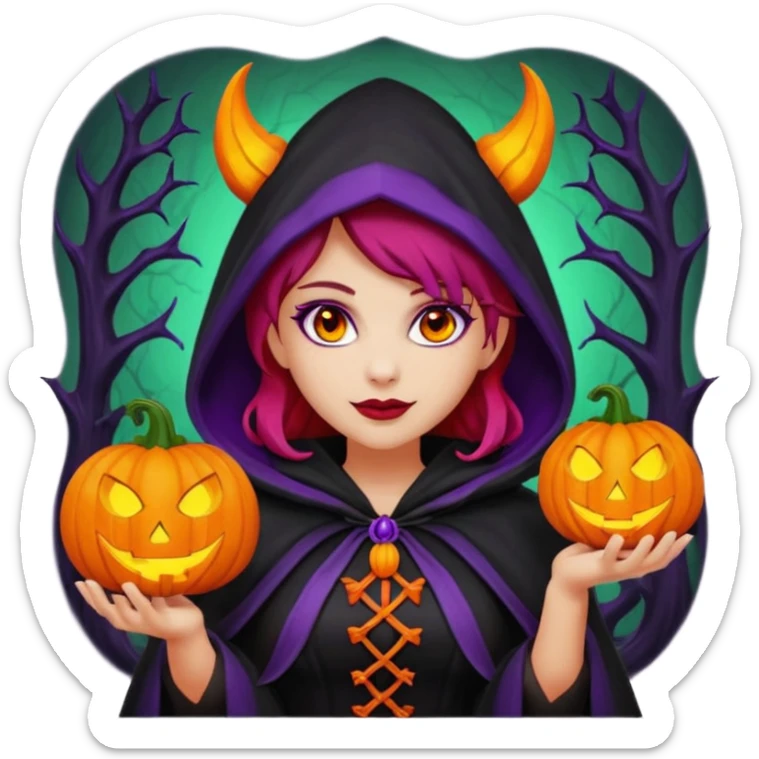 female-succubus-emoji,-red-skin,-purple-eyes,-elegant-face,-pumpkin-wreath-on-head,-black-hooded-cloak-with-cobweb-details,-holding-small-glowing-pumpkin-lantern,-halloween-fantasy sticker