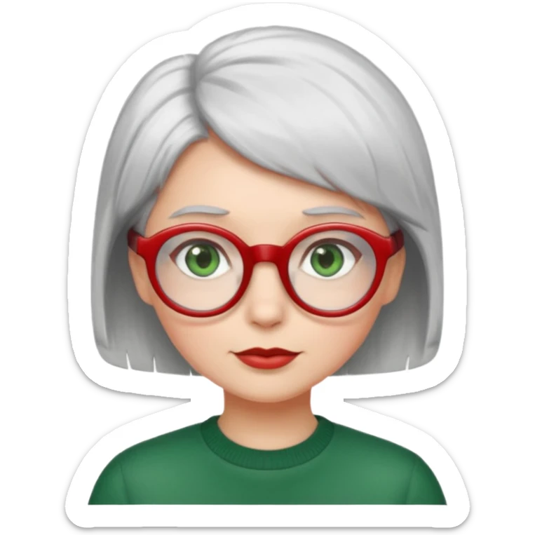 visage femme a lunettes pas épaisse ronde rouge avec cheveux courts gris-blancs aux yeux verts sticker