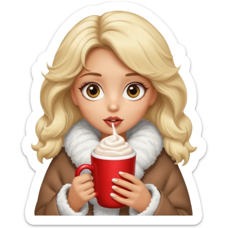 Tanned Girl with lashes , blonde hair, in an extremely big fluffy oversized coat and hold hot chocolate drink and big eyes, big lip sticker