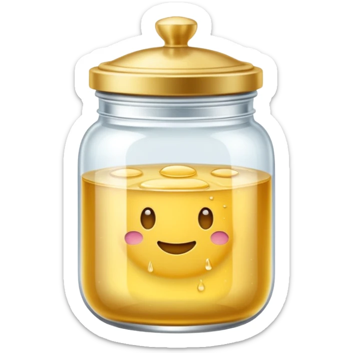 Diseña un emoji de un tarro de cristal elegante con una tapa dorada brillante. Dentro, una textura de mantequilla corporal batida con un suave remolino. Estilo lujoso y minimalista. sticker