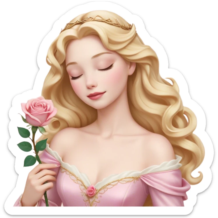 Cinematic Realistic Sleeping Beauty (Aurora) Portrait, with porcelain-like skin featuring a natural rosy flush, illuminated by soft lighting that highlights the gentle contours of her face. Her golden blonde hair flows in soft, detailed waves with subtle highlights that shimmer in the light. Her deep violet-blue eyes radiate warmth and innocence, framed by arched brows and long lashes. With a soft, serene smile, she holds a delicate rose gently in one hand, her other hand resting lightly by her side. She is dressed in her classic pink gown, the fabric rich in texture with delicate folds that catch the light. A golden crown rests atop her head, gleaming with royal refinement. The portrait captures a soft, glowing aura, blending realism with an ethereal sense of beauty and timeless enchantment. sticker