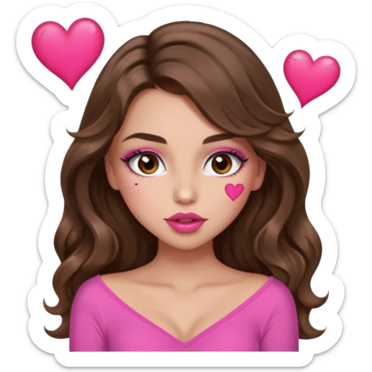girl with long wavy brown hair, brown eyes, long lashes makeup, sexy pink lips, light to medium complexion, wearing a pink sexy top, sexy , puckering, blushing, kissing a heart sexy sticker