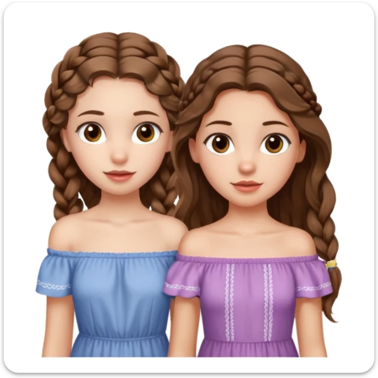 Two girls. The first one is very tall, has mid length brown very wavy hair, full lips, hazel eyes, wearing a cute off shoulder summer dress, she is also thin. The other one, quite shorter, long brown straight hair in one braid, hazel eyes. She is athletic a little bit.  sticker