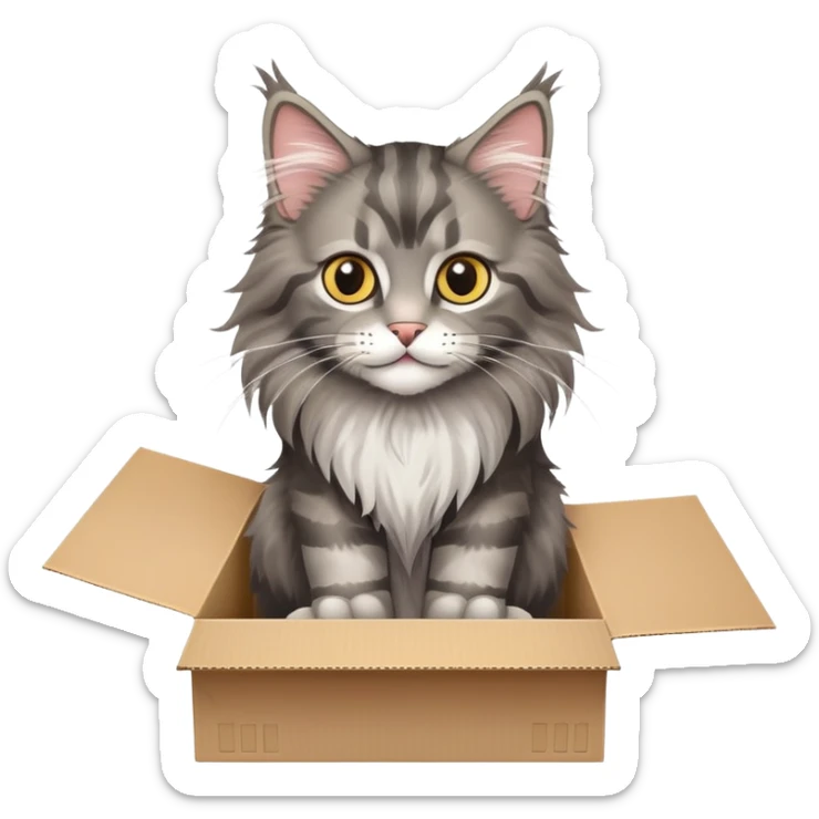 A  juvenile Maine coon cat poked its paws out of the cardboard box and placed them on top of it sticker