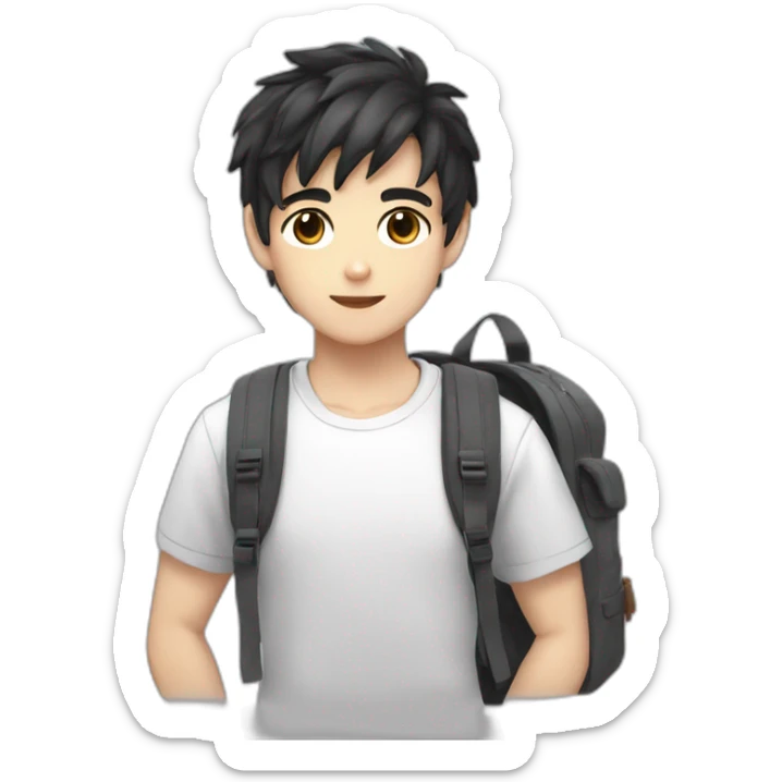 Boy white skin black hair brown eyes gray t-shirt with backpack anime style sticker