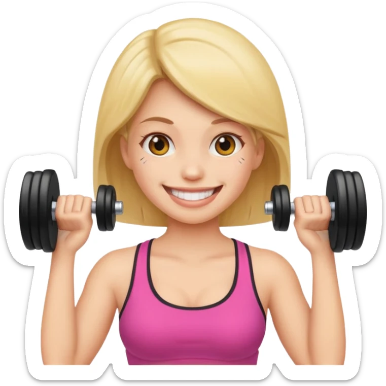 woman holding dumbbell in one hand and face roller in another, smiling, emoji style sticker