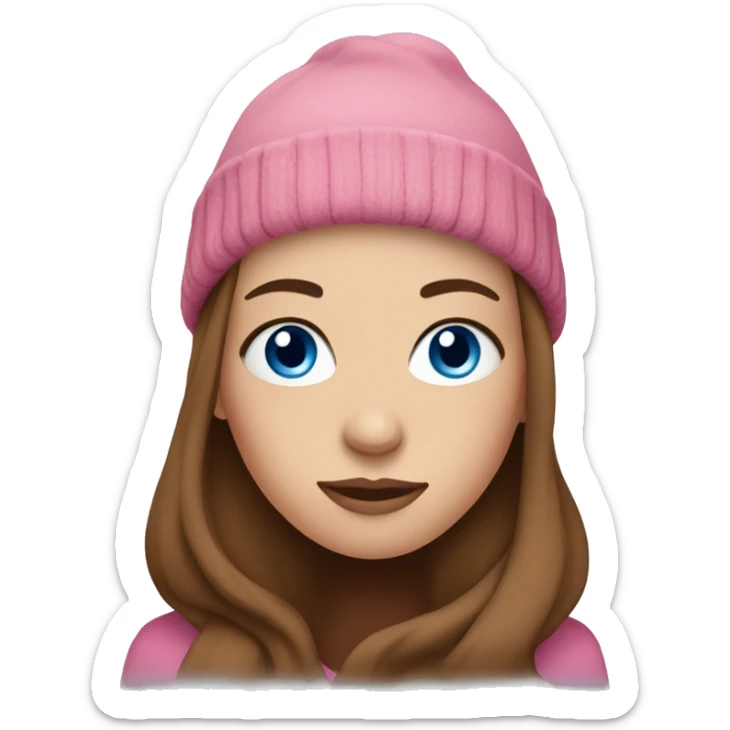 woman with blue eyes, long brown hair, and pink beanie sticker