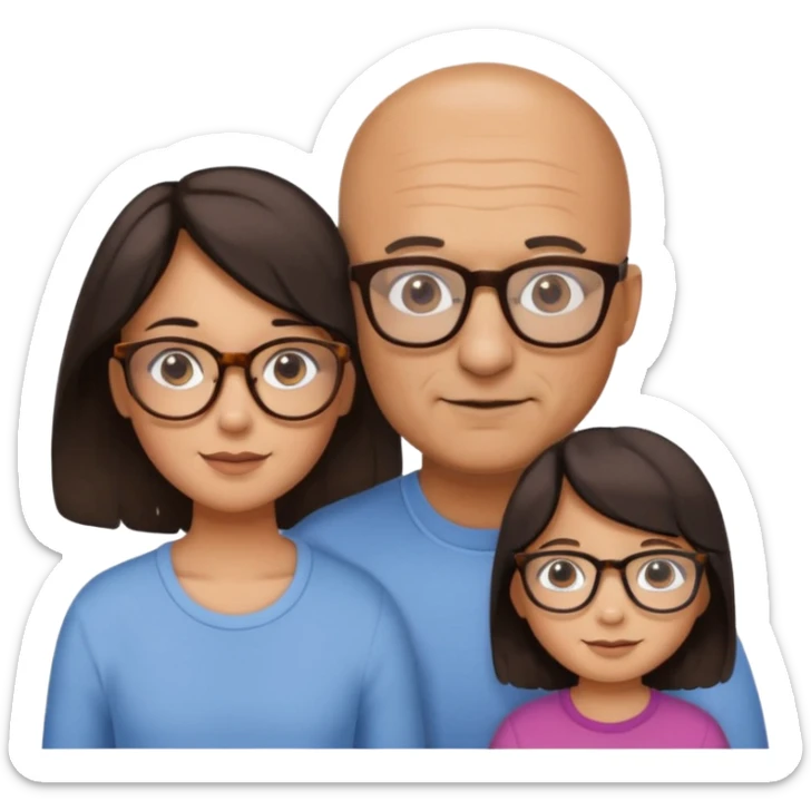 Papà calvo con occhiali, mamma capelli neri occhi marroni no occhiali, figlia capelli marroni mossi e occhiali tartarugati con montatura spessa occhi marroni, figlia capelli lisci marroni occhiali neri con montatura grande e fina occhi marroni  sticker