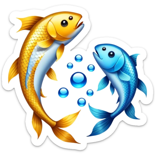 The zodiac symbol Pisces. Two fish in a “yin-yang” formation. The fish are glittering. One fish’s head is facing the other fish’s tail, and vice versa forming a circle.  sticker