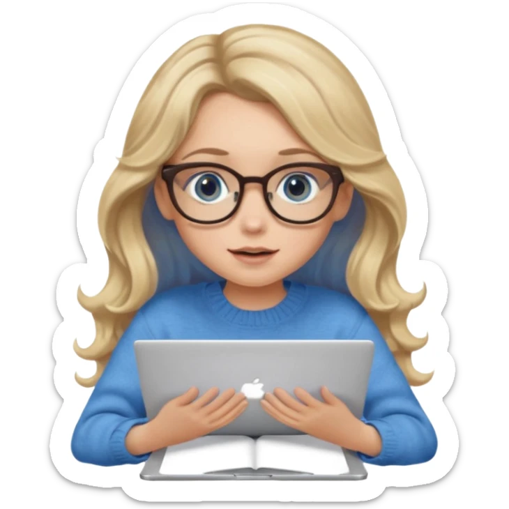 blonde girl with long dark blonde wavy hair, blue big eyes, pantos-style glasses, a brown sweater, sitting and looking in laptop, soft pastel, upper body shot sticker