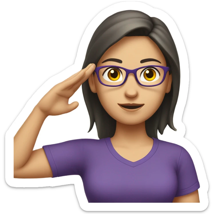 a caucasian brunette female, wearing a purple t-shirt and glasses, making the military salute gesture with one hand on her forehead and the other hand on her waist sticker