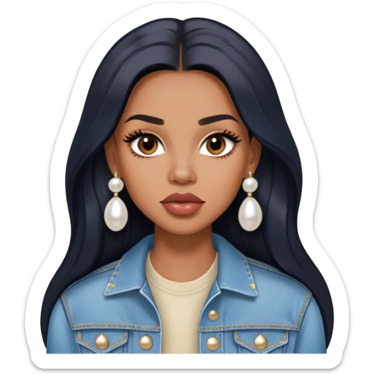 light brown skin tone, very beautiful woman, with big plump lips, long long lashes, black straight long hair, brown eyes, light blue denim jacket, pearl stud earrings sticker