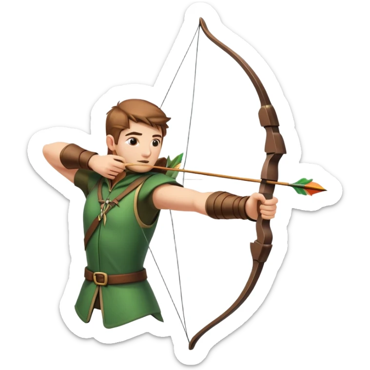 A skilled archer, resembling Robin Hood, drawing a bow and releasing an arrow towards a target. The scene captures the perfect moment of release, with the bowstring taut and the arrow flying toward the bullseye, set in a forest or archery range background. sticker