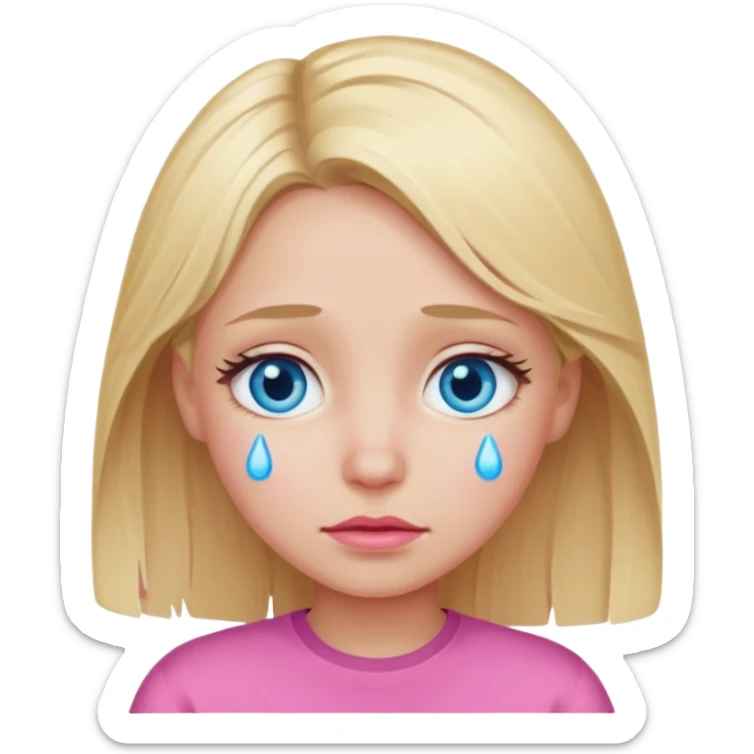 Blond hair girl with blue eyes in pink with tears in eyes sticker