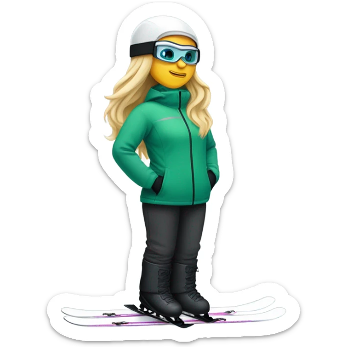 Green-eyed, fat female skier with long straight blonde hair, glasses, white ski helmet, grey snow jacket, long black pants, black only snow boots standing tall. sticker