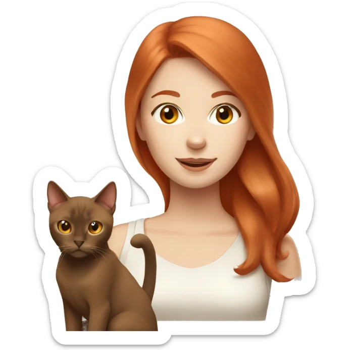 cherry red hair pale woman with burmese brown cat  sticker