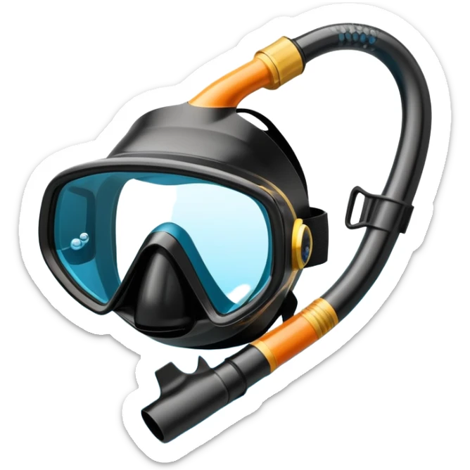 An icon featuring a close-up of a freediving mask and snorkel, with a breath-holding diver's fins, set against a vibrant underwater world. The design includes coral reefs, fish, and bubbles, symbolizing the serene beauty and thrill of freediving. Transparent background highlights the calm sticker