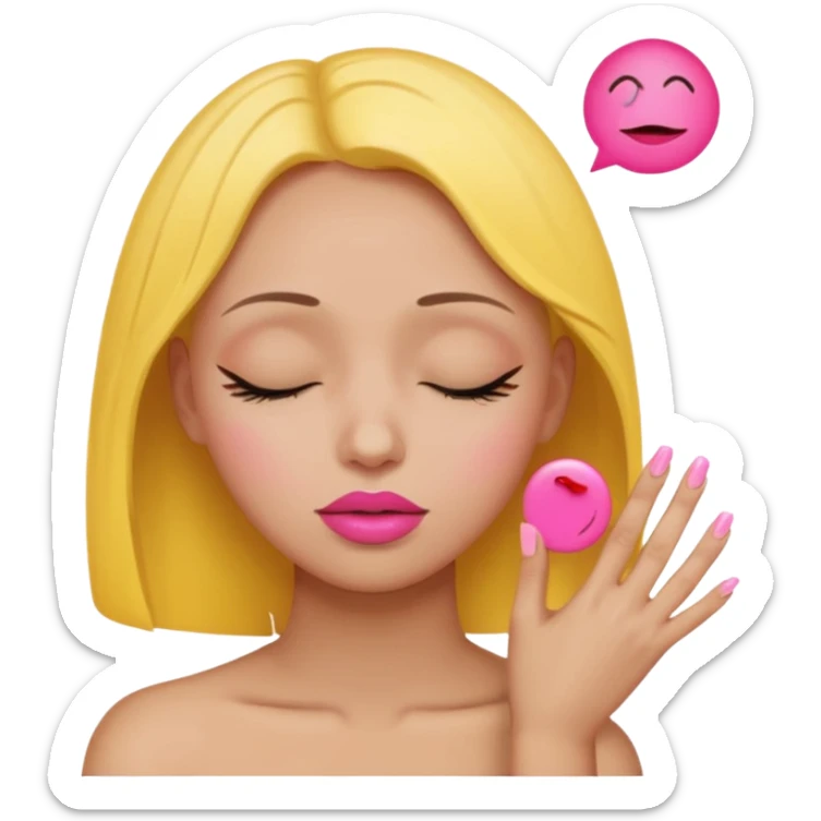 Yellow circle emoji exasperated and drumming fingers up the side of their head the eye is closed it is a side profile pink lipstick and pink nails ot is a side profile no hair sticker