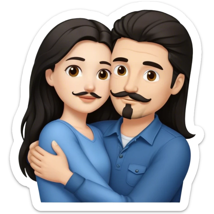 a white girl with long black hair hugging a white guy with brown hair goatee mustache sticker