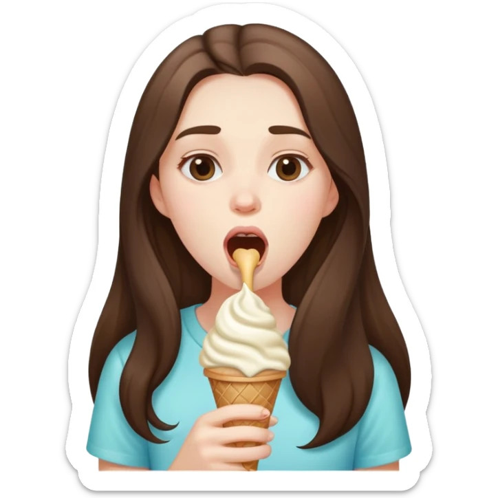 beautiful pale brunette girl with long hair enjoying an ice cream mouth closed sticker