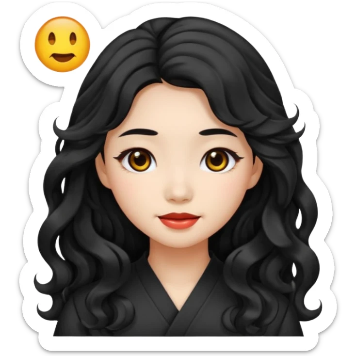 beautiful Chinese girl with black, wavy, long hair and black eyes, emoji style sticker
