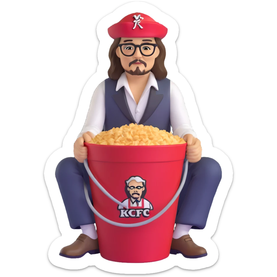 Johnny Depp sitting in a KFC bucket, long hair, facial hair sticker