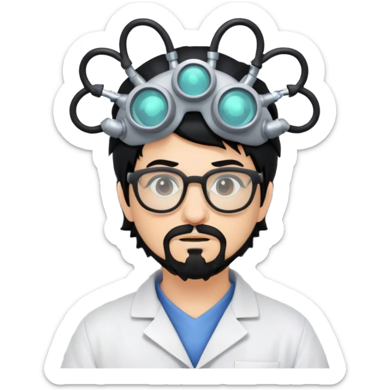 Mad scientist with black hair and goatee and glasses named Omni with headgear on and a computer sticker
